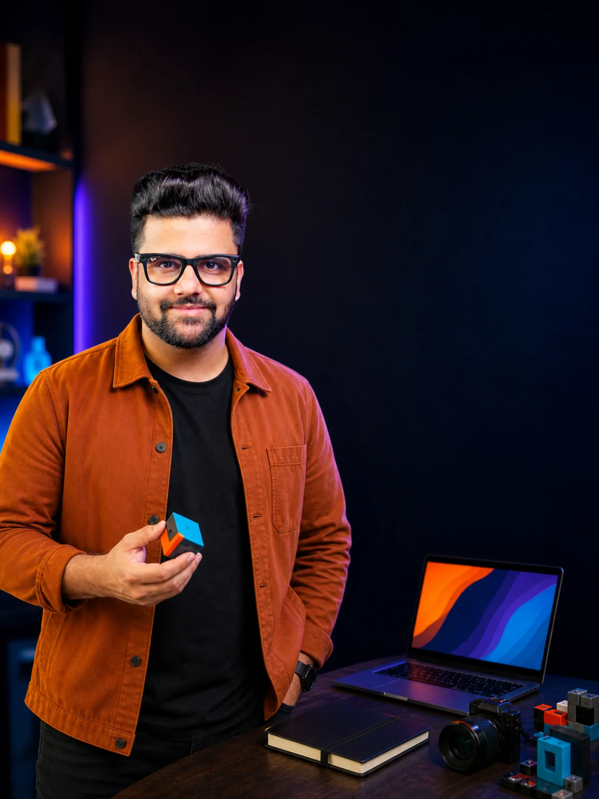 Sahil Khanna in a rust jacket beside a desk with a laptop.