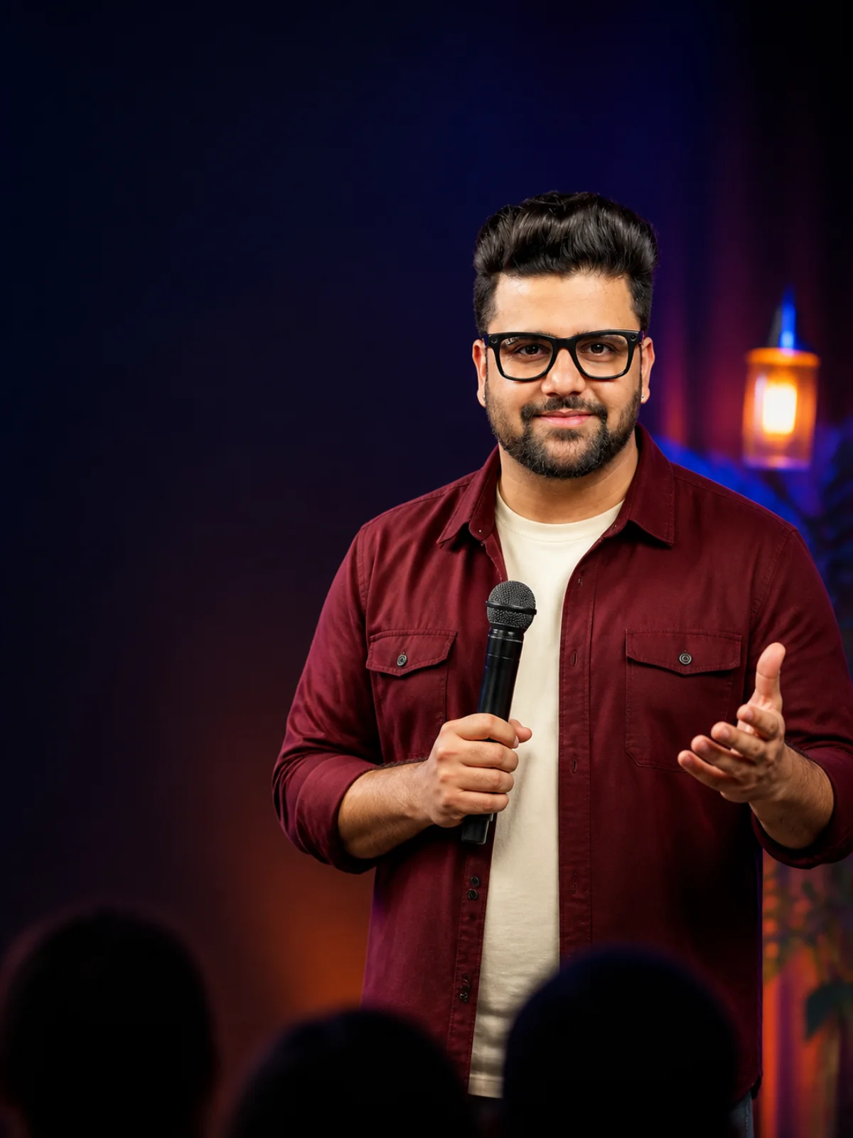Sahil Khanna speaking into a microphone on stage.