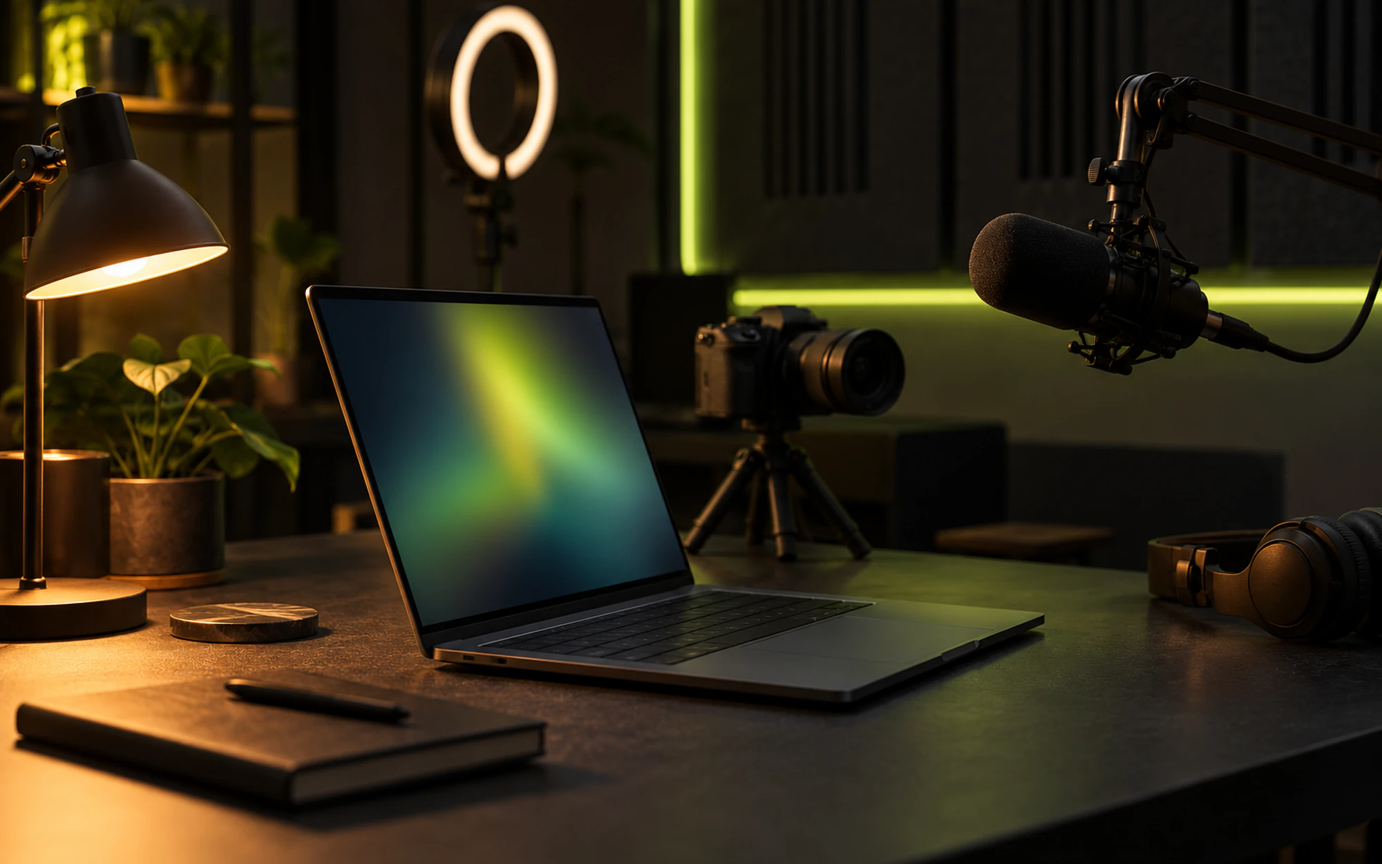 A recording desk with a laptop, camera, ring light and microphone.
